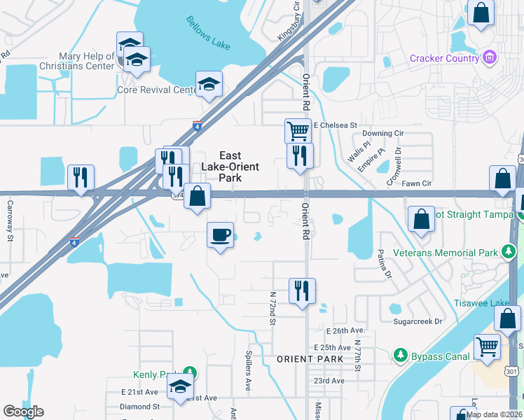 map of restaurants, bars, coffee shops, grocery stores, and more near 7201 East Martin Luther King Junior Boulevard in Tampa