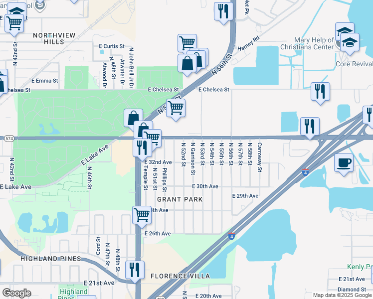 map of restaurants, bars, coffee shops, grocery stores, and more near 3822 North 52nd Street in Tampa