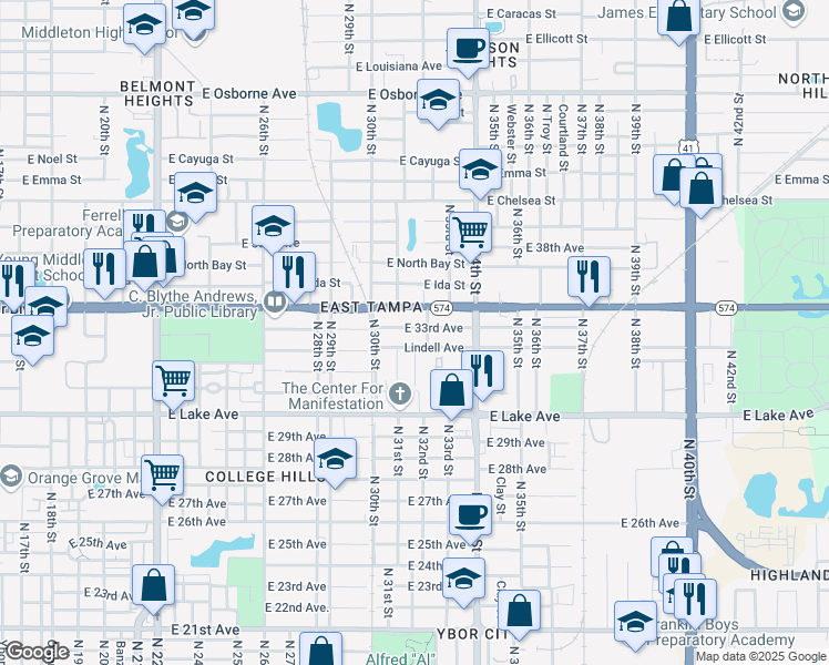 map of restaurants, bars, coffee shops, grocery stores, and more near 3108 East 33rd Avenue in Tampa