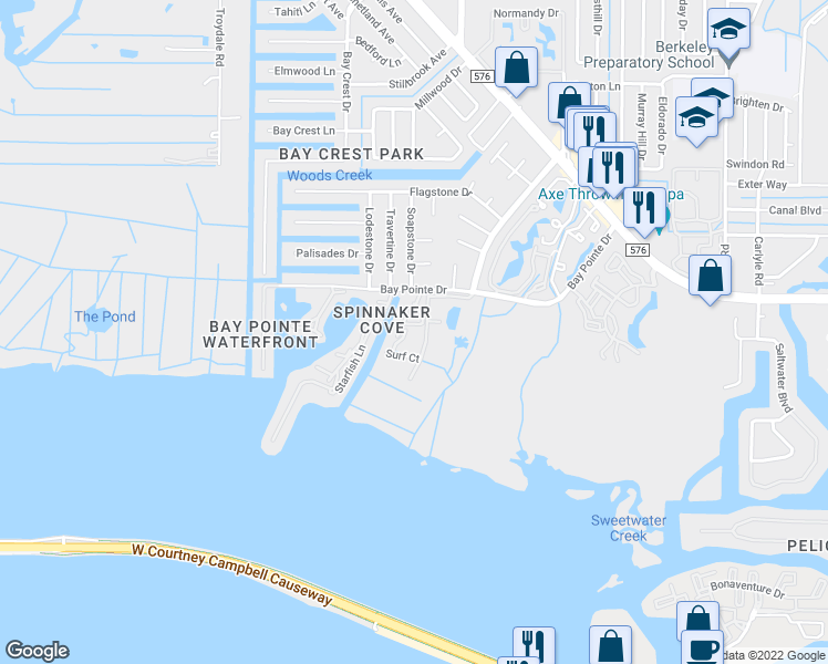 map of restaurants, bars, coffee shops, grocery stores, and more near 4349 Bayside Village Drive in Tampa