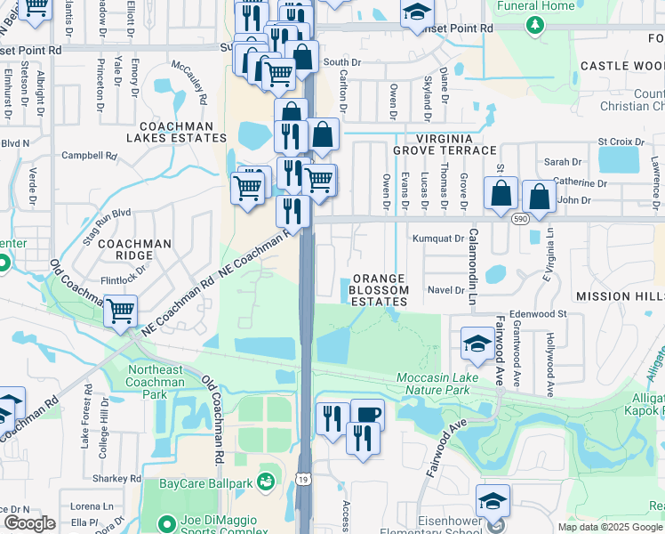 map of restaurants, bars, coffee shops, grocery stores, and more near 21 Coachman Plaza Drive in Clearwater
