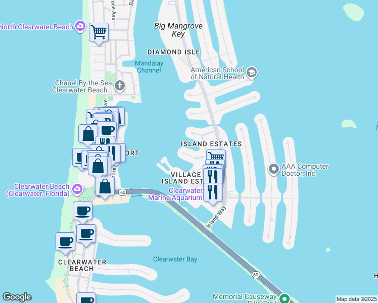 map of restaurants, bars, coffee shops, grocery stores, and more near 210 Dolphin Point in Clearwater