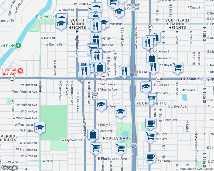 map of restaurants, bars, coffee shops, grocery stores, and more near 303 East Selma Avenue in Tampa
