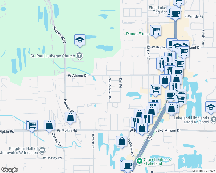 map of restaurants, bars, coffee shops, grocery stores, and more near 4639 San Antonio Drive in Lakeland