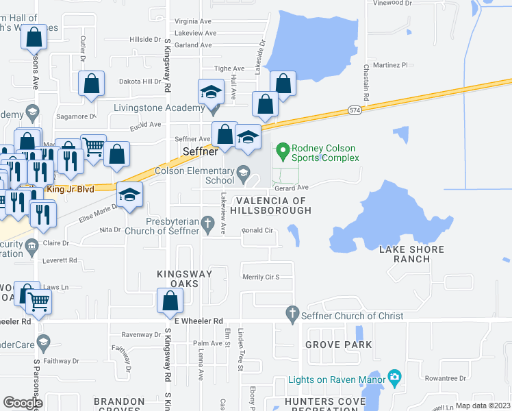 map of restaurants, bars, coffee shops, grocery stores, and more near 419 Valencia Park Drive in Seffner