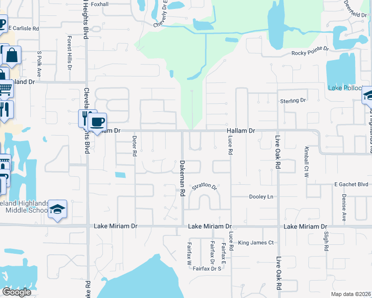 map of restaurants, bars, coffee shops, grocery stores, and more near 4631 Dakeman Road in Lakeland