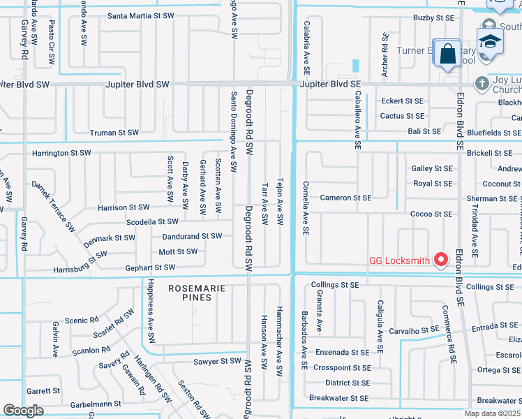 map of restaurants, bars, coffee shops, grocery stores, and more near 160 Scotch Street Southwest in Palm Bay