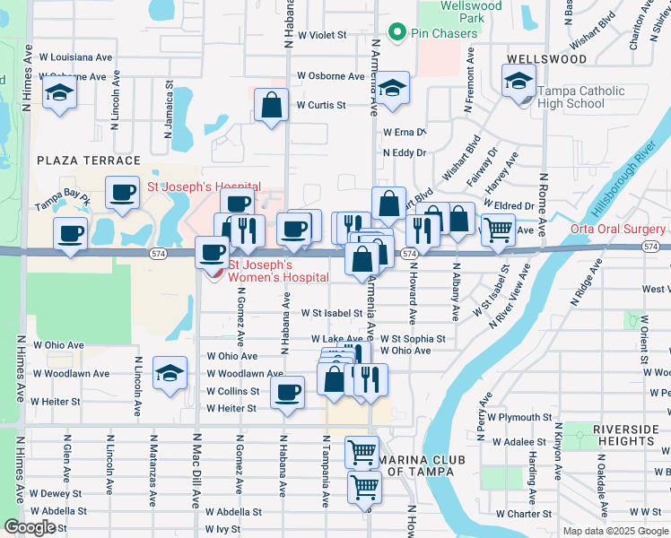 map of restaurants, bars, coffee shops, grocery stores, and more near 2550 West Doctor Martin Luther King Junior Boulevard in Tampa