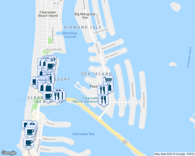 map of restaurants, bars, coffee shops, grocery stores, and more near 366 Larboard Way in Clearwater