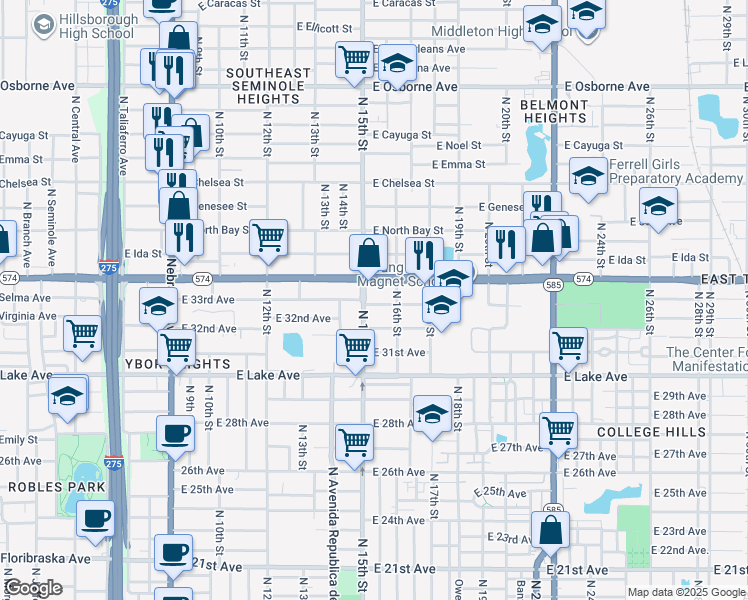 map of restaurants, bars, coffee shops, grocery stores, and more near 3818 North 15th Street in Tampa