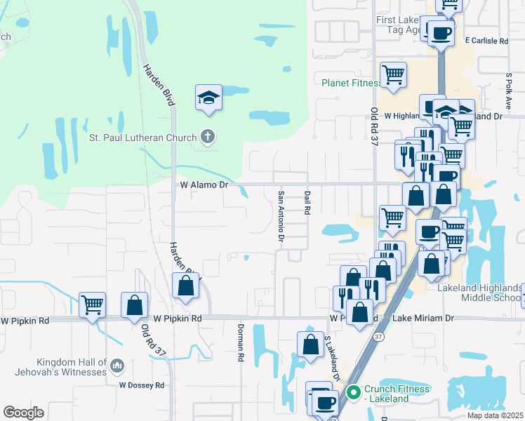 map of restaurants, bars, coffee shops, grocery stores, and more near 4635 Dimbath Drive in Lakeland