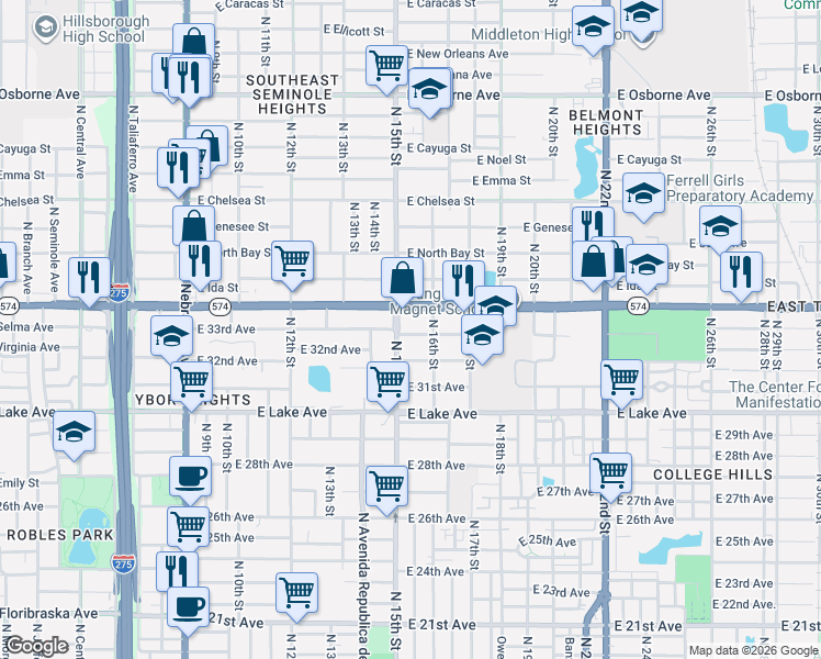 map of restaurants, bars, coffee shops, grocery stores, and more near 3818 North 15th Street in Tampa