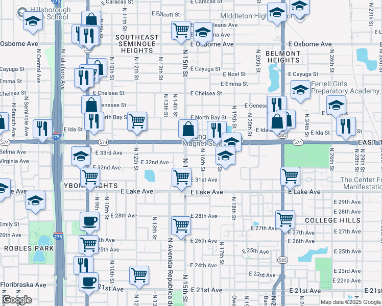 map of restaurants, bars, coffee shops, grocery stores, and more near 3818 North 15th Street in Tampa