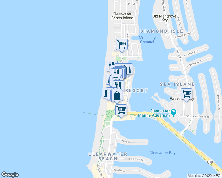 map of restaurants, bars, coffee shops, grocery stores, and more near 11 San Marco Street in Clearwater