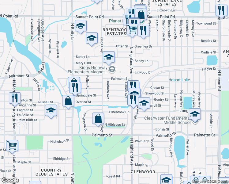 map of restaurants, bars, coffee shops, grocery stores, and more near 1446 Woodbine Street in Clearwater