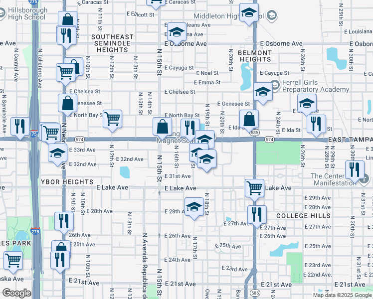 map of restaurants, bars, coffee shops, grocery stores, and more near 1613 East Martin Luther King Junior Boulevard in Tampa