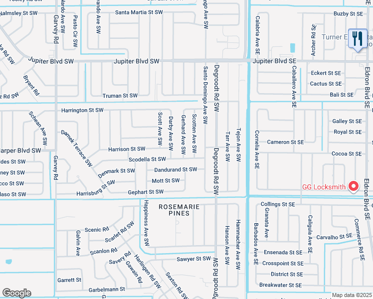map of restaurants, bars, coffee shops, grocery stores, and more near 789 Gerhard Avenue Southwest in Palm Bay