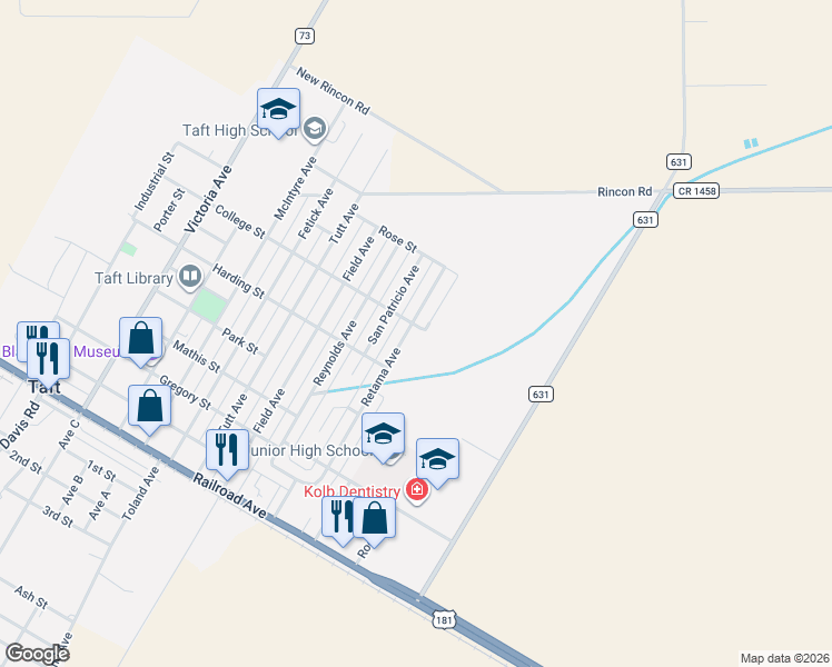 map of restaurants, bars, coffee shops, grocery stores, and more near 639 Retama Avenue in Taft