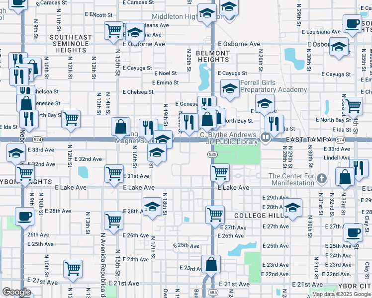 map of restaurants, bars, coffee shops, grocery stores, and more near 2006 East 33rd Avenue in Tampa