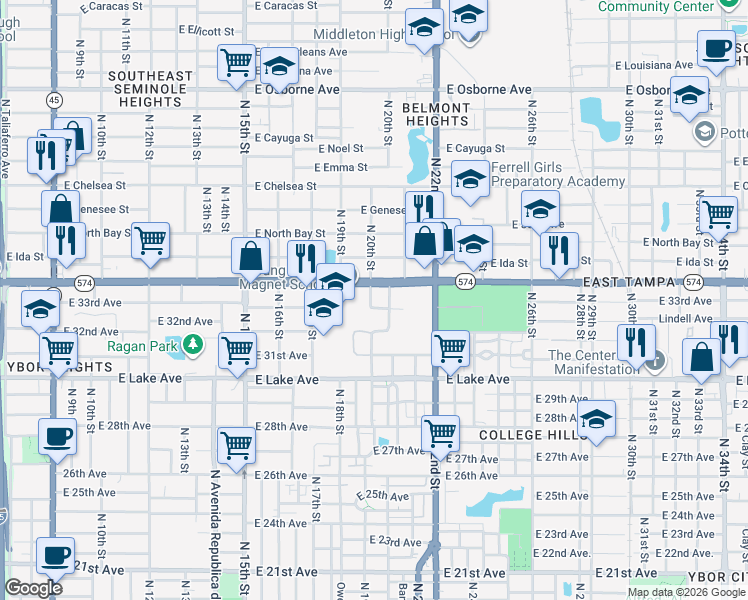 map of restaurants, bars, coffee shops, grocery stores, and more near 2005 East Martin Luther King Junior Boulevard in Tampa