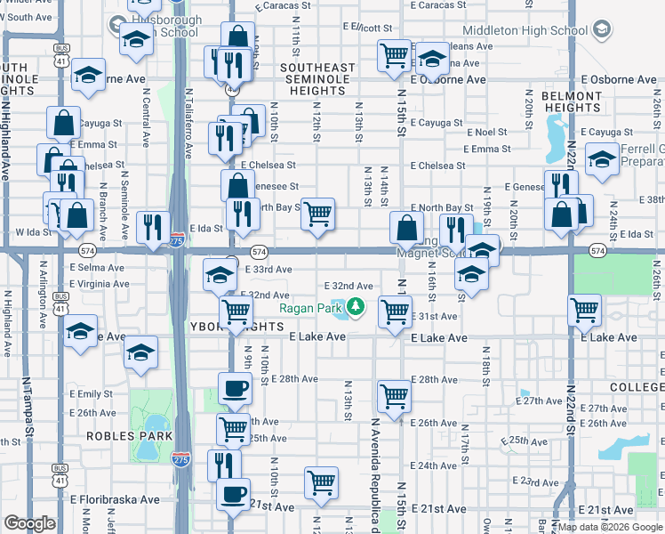 map of restaurants, bars, coffee shops, grocery stores, and more near 1214 East 33rd Avenue in Tampa