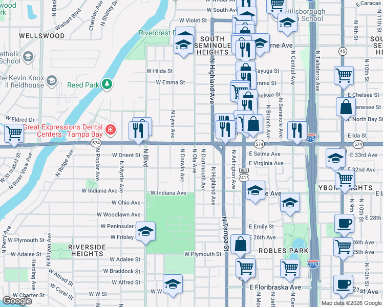 map of restaurants, bars, coffee shops, grocery stores, and more near 3918 North Ola Avenue in Tampa
