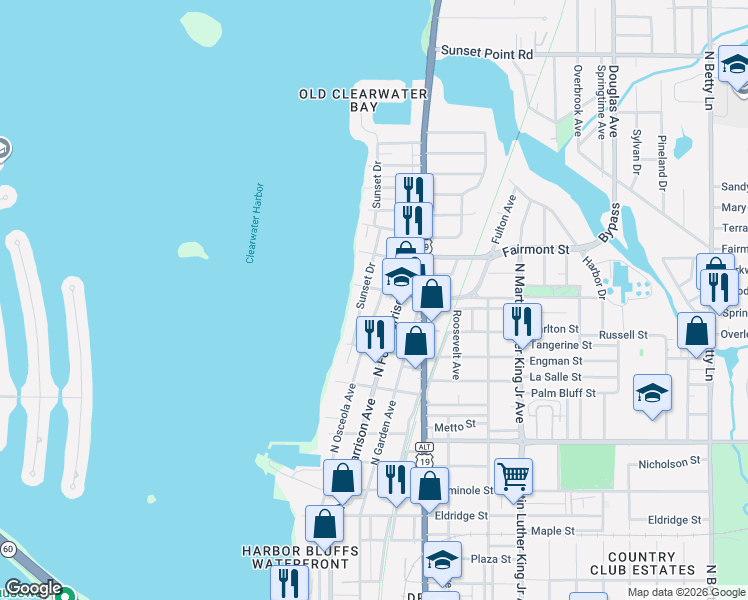 map of restaurants, bars, coffee shops, grocery stores, and more near 1503 Sunset Drive in Clearwater