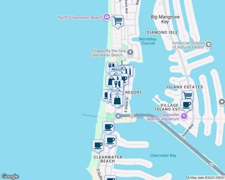 map of restaurants, bars, coffee shops, grocery stores, and more near 11 San Marco Street in Clearwater