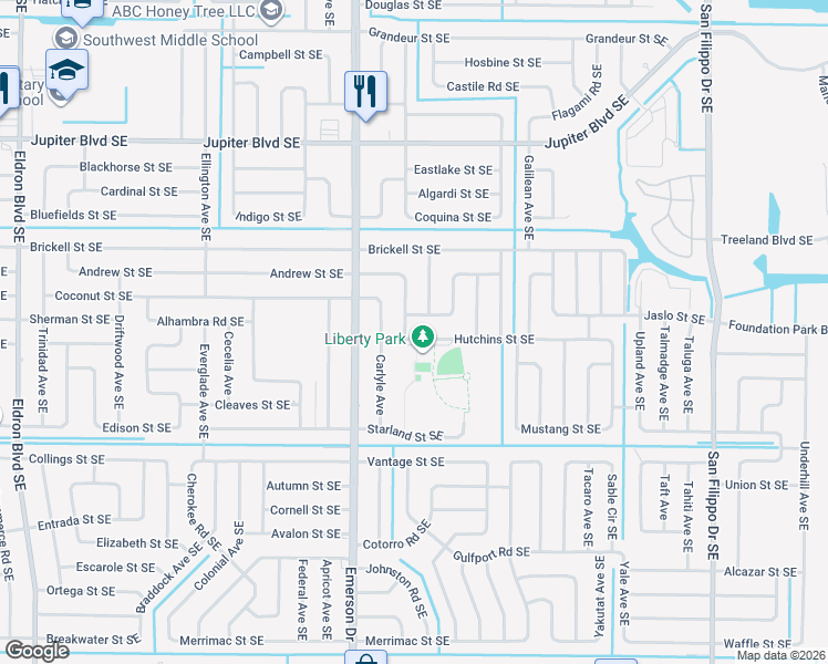map of restaurants, bars, coffee shops, grocery stores, and more near 912 Armstrong Road Southeast in Palm Bay