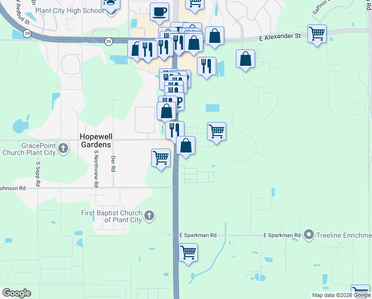 map of restaurants, bars, coffee shops, grocery stores, and more near 106 East Rayburn Road in Plant City