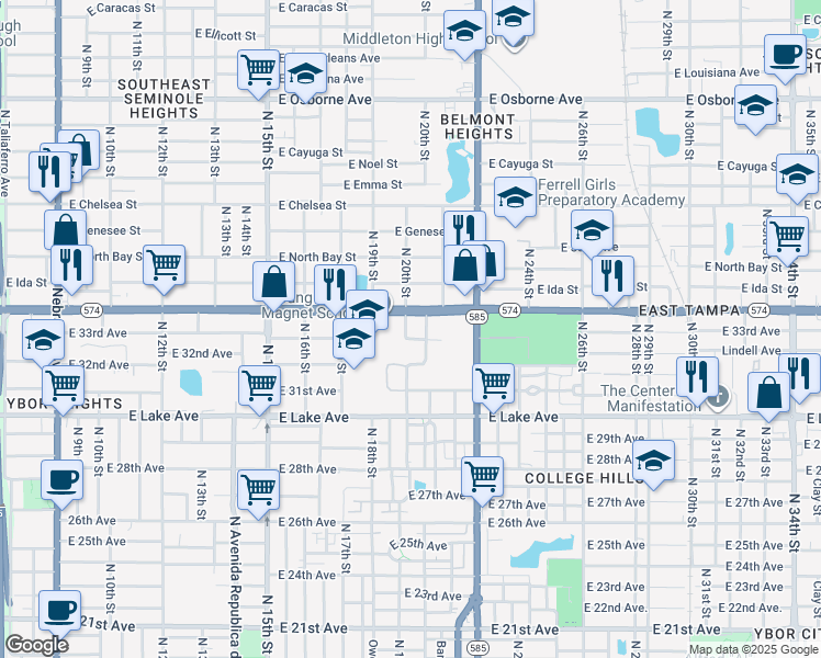 map of restaurants, bars, coffee shops, grocery stores, and more near 2005 East Martin Luther King Junior Boulevard in Tampa