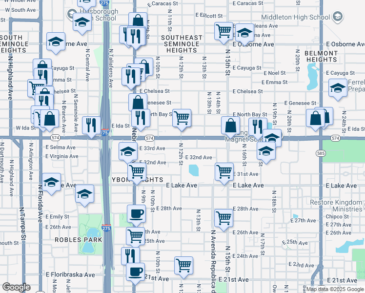 map of restaurants, bars, coffee shops, grocery stores, and more near 1202 East 33rd Avenue in Tampa