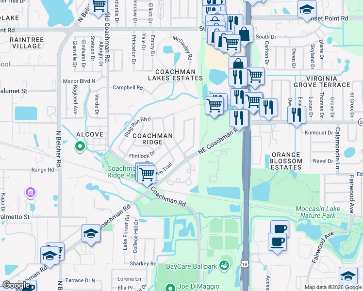 map of restaurants, bars, coffee shops, grocery stores, and more near 1565 Ridge Top Way in Clearwater