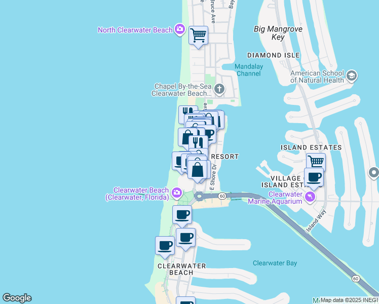 map of restaurants, bars, coffee shops, grocery stores, and more near 11 San Marco Street in Clearwater