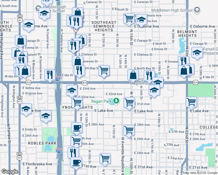 map of restaurants, bars, coffee shops, grocery stores, and more near 1214 East 33rd Avenue in Tampa