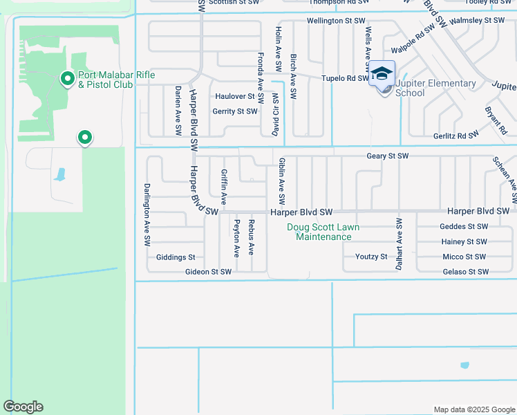 map of restaurants, bars, coffee shops, grocery stores, and more near 1171 Harper Boulevard Southwest in Palm Bay