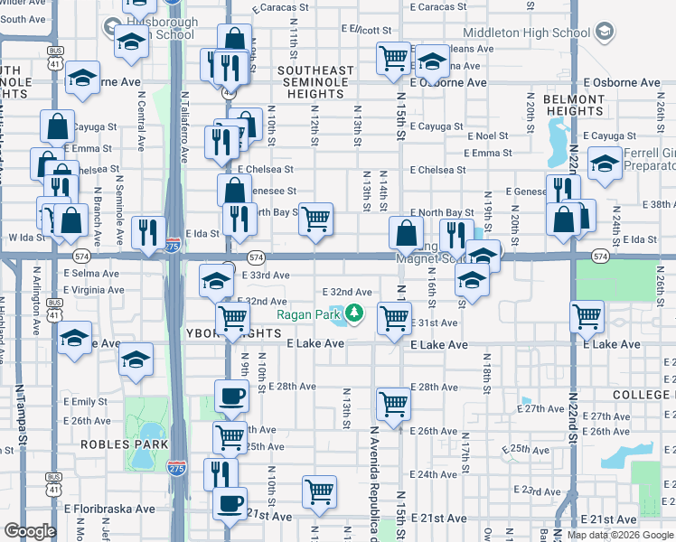 map of restaurants, bars, coffee shops, grocery stores, and more near 1214 East 33rd Avenue in Tampa