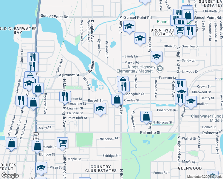 map of restaurants, bars, coffee shops, grocery stores, and more near 1528 Stevenson Drive in Clearwater