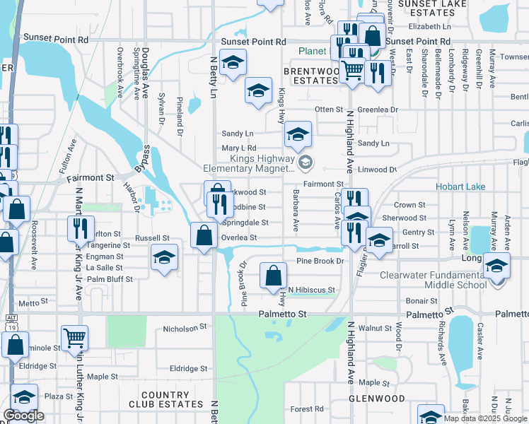 map of restaurants, bars, coffee shops, grocery stores, and more near 1353 Woodbine Street in Clearwater