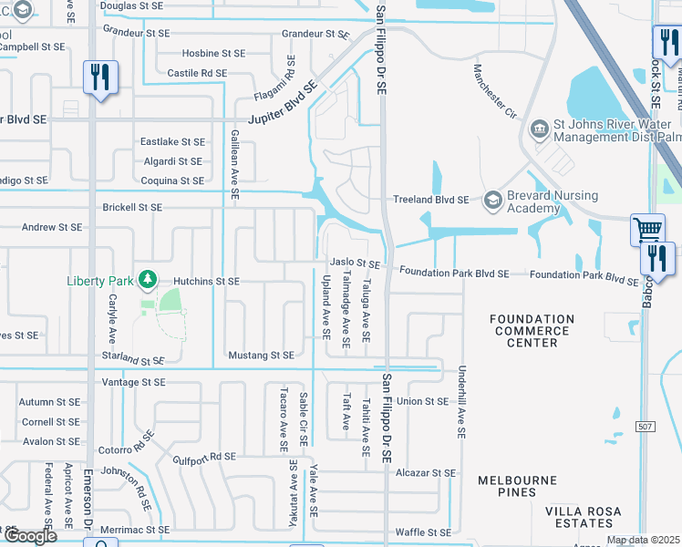 map of restaurants, bars, coffee shops, grocery stores, and more near 714 Talmadge Avenue Southeast in Palm Bay
