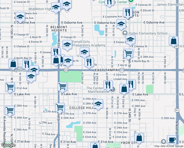 map of restaurants, bars, coffee shops, grocery stores, and more near 2614 East 33rd Avenue in Tampa