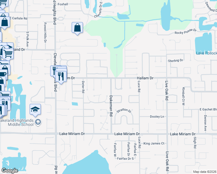 map of restaurants, bars, coffee shops, grocery stores, and more near 4631 Dakeman Road in Lakeland