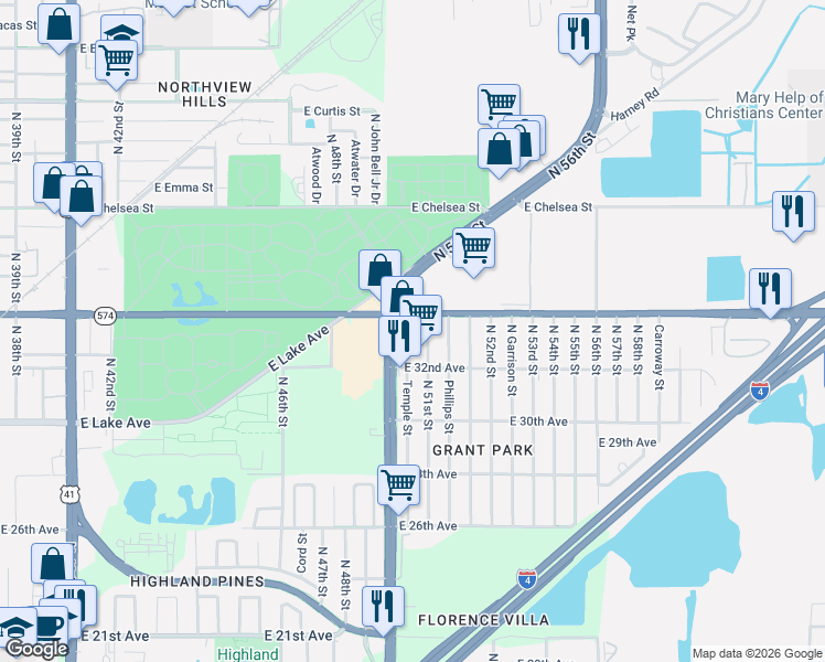 map of restaurants, bars, coffee shops, grocery stores, and more near in East Lake-Orient Park