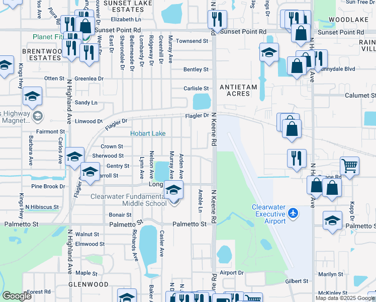map of restaurants, bars, coffee shops, grocery stores, and more near 1405 Arden Avenue in Clearwater