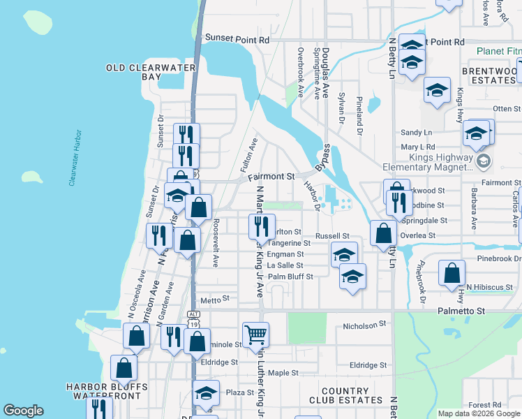 map of restaurants, bars, coffee shops, grocery stores, and more near 1000 Marshall Street in Clearwater