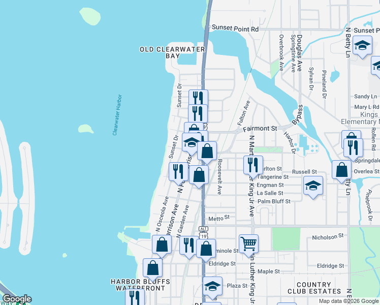 map of restaurants, bars, coffee shops, grocery stores, and more near 1504 North Fort Harrison Avenue in Clearwater