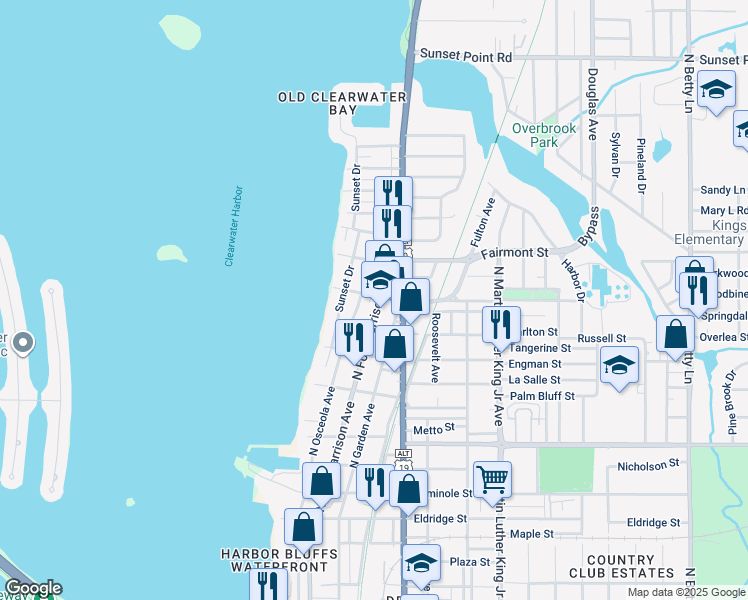 map of restaurants, bars, coffee shops, grocery stores, and more near 1504 North Fort Harrison Avenue in Clearwater