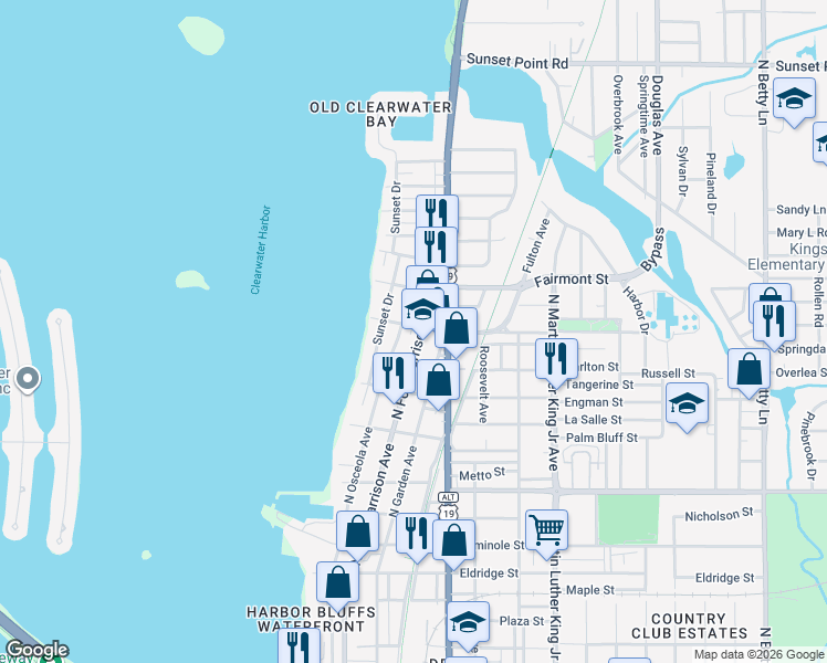 map of restaurants, bars, coffee shops, grocery stores, and more near 1504 North Fort Harrison Avenue in Clearwater
