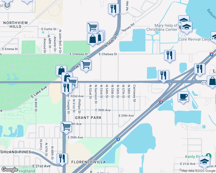 map of restaurants, bars, coffee shops, grocery stores, and more near 3817 North 54th Street in Tampa