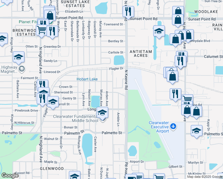 map of restaurants, bars, coffee shops, grocery stores, and more near 1405 Arden Avenue in Clearwater